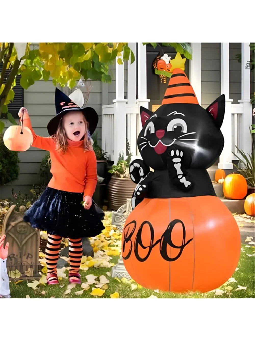 4FT Halloween Inflatable Decor Pumpkin Cat with LED Lights